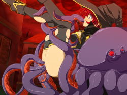 Rule 34 | 1girl, all the way through, game cg, hat, monster, purple eyes, red hair, tagme, tamiya akito, tentacles, thighhighs, torn clothes, witch hat, zanjibaru