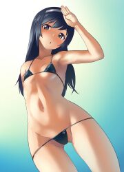 1girl bikini black_bikini black_hair blue_background breasts cowboy_shot girls_und_panzer gradient_background hairband highres looking_at_viewer lowleg lowleg_bikini navel reizei_mako sasaki_tatsuya shading_eyes small_breasts solo swimsuit white_hairband