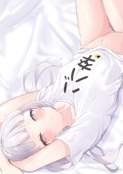 Rule 34 | 1girl, arched bangs, blunt bangs, blush, closed mouth, cocozasa, grey hair, highres, hololive, long hair, looking at viewer, murasaki shion, navel, panties, short sleeves, smile, solo, thighs, underwear, virtual youtuber, white background, yellow eyes
