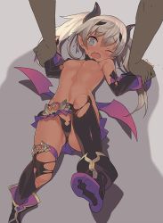 Rule 34 | 1girl, black footwear, black thighhighs, blade (galaxist), blue eyes, blush, boots, breasts, copyright request, covered erect nipples, curled horns, dark skin, demon horns, detached sleeves, fang, grey background, holding another&#039;s wrist, horns, long hair, long sleeves, microskirt, one eye closed, open mouth, pink wings, purple skirt, revealing clothes, shadow, silver hair, skin fang, skirt, small breasts, solo focus, sweat, tears, thighhighs, torn clothes, torn legwear, twintails, wings