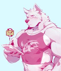 Rule 34 | 1boy, bara, biceps, cellphone, furry, furry male, large pectorals, mail, male focus, muscular, muscular male, null-ghost, original, pectorals, phone, simple background, smartphone, solo, tank top, tight clothes