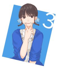 Rule 34 | 1girl, blue background, blue jacket, blue nails, blue ribbon, brown eyes, brown hair, closed mouth, commentary, countdown, fingernails, grey overalls, hair ribbon, hand up, jacket, looking at viewer, low twintails, mole, mole above mouth, nail polish, nigari (ngari 0115), nomoto sora, open clothes, open jacket, overalls, real life, ribbon, shirt, short hair, short twintails, sleeves past elbows, sleeves pushed up, smile, solo, twintails, two-tone background, upper body, v, v over mouth, white background, white shirt