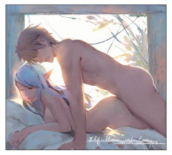 Rule 34 | 1boy, 1girl, arched back, arm support, backlighting, blue eyes, breasts, brown hair, closed eyes, closed mouth, commentary, completely nude, couple, dated, day, english text, faceless, faceless male, from side, hetero, highres, hu dako, indoors, jewelry, long hair, lying, medium breasts, nude, on stomach, original, pointy ears, prone bone, ring, sex, sex from behind, sideboob, signature, smile, sunlight, sweat, swept bangs, thighs, wedding band, window