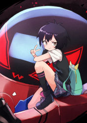 Rule 34 | 1girl, backpack, bag, black footwear, black hair, black socks, black sweater, blue skirt, brown eyes, closed mouth, commentary, cross-laced footwear, double horizontal stripe, elbow on knee, foot up, from side, gazacy (dai), highres, looking at viewer, marvel, peni parker, plaid, plaid skirt, pleated skirt, school uniform, shirt, shoes, short hair, short sleeves, sitting, skirt, smile, smirk, socks, solo, sp//dr, spider-man: into the spider-verse, spider-man (series), spider-verse, sweater, sweater vest, v, white shirt