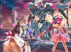 Rule 34 | 3girls, ass, breasts, cleavage, large breasts, looking back, mecha, medium breasts, multiple girls, panties, robot, see-through, sword, underwear, weapon, yoshimoto (dear life)