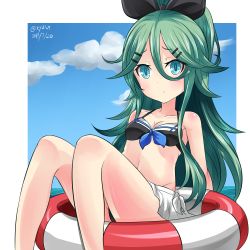 Rule 34 | 10s, 1girl, adapted costume, alternate costume, aqua eyes, bikini, bikini skirt, bikini top only, blue sky, breasts, cleavage, cloud, cloudy sky, collarbone, commentary request, dated, day, green hair, hair between eyes, hair ornament, hair ribbon, hairclip, hebitsukai-san, highres, horizon, kantai collection, lifebuoy, long hair, looking at viewer, navel, ocean, outside border, ribbon, sitting, sky, solo, swim ring, swimsuit, yamakaze (kancolle)