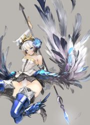 Rule 34 | 1girl, armor, armored dress, blue eyes, crown, crystal, dress, gold, gwendolyn (odin sphere), head wings, highres, leg wings, low wings, odin sphere, polearm, pteruges, sabatons, silver hair, solo, spear, strapless, strapless dress, weapon, wings, yunar