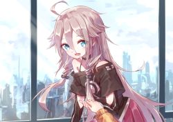 Rule 34 | 1girl, ahoge, black shirt, blue eyes, braid, building, cevio, cityscape, collar, commentary, ia (vocaloid), leaning forward, long hair, looking at viewer, nejikyuu, off-shoulder shirt, off shoulder, pink skirt, platinum blonde hair, pleated skirt, pov, shirt, side braids, skirt, skyscraper, sweater, upper body, very long hair, vocaloid, window, yellow sweater