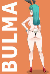 Rule 34 | 1girl, ass, bare arms, bare shoulders, blue eyes, blue hair, breasts, bulma, detached collar, dragon ball, dragon ball (classic), female focus, full body, high heels, highres, ikataishogun (king squid), large breasts, leotard, long hair, playboy bunny, smile, solo, standing, underwear