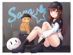 Rule 34 | 1girl, amplifier, ankimo (tokino sora), black choker, black footwear, black headwear, black hoodie, black shorts, blush, boots, breasts, brown eyes, brown hair, character name, choker, crack, cracked wall, graffiti, highres, hololive, hood, hoodie, lace-trimmed socks, long hair, looking at viewer, muwa12, nun nun (tokino sora), o-ring, o-ring choker, shorts, small breasts, smile, tokino sora, tokino sora (streetwear), tongue, tongue out, two-tone hoodie, virtual youtuber, white hoodie