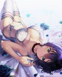 Rule 34 | 1girl, bad id, bad twitter id, bare arms, bare shoulders, bed sheet, black hair, blurry, bra, breasts, choker, chromatic aberration, cleavage, collarbone, commentary, depth of field, flower, fujiya takao, garter belt, green eyes, hair between eyes, highres, kusunoki suzu, large breasts, lingerie, looking at viewer, lying, mole, mole on breast, navel, on back, original, panties, parted lips, petals, rose, short hair, solo, stomach, strap gap, thighhighs, underwear, underwear only, white bra, white panties, white thighhighs