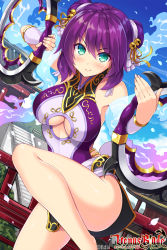 Rule 34 | 1girl, aqua eyes, bare shoulders, bell, blue sky, blush, bracer, breasts, cleavage cutout, clothing cutout, cowboy shot, day, double bun, hair bell, hair ornament, highres, hisen kaede, large breasts, looking at viewer, official art, purple hair, short hair, sky, smile, solo, standing, standing on one leg, underboob, venus blade, weapon