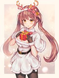 Rule 34 | 1girl, bad id, bad pixiv id, belt, belt buckle, black belt, black gloves, black pantyhose, blush, border, bow, brown hair, buckle, capelet, christmas, commentary request, dress, fur-trimmed gloves, fur trim, gift, gloves, hair bow, hairband, highres, holding, holding gift, looking at viewer, naingnaing, original, outside border, pantyhose, parted lips, red neckwear, sidelocks, solo, teeth, twintails, white border, white capelet, white dress, white hairband