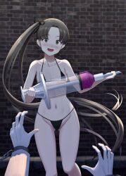 Rule 34 | 1boy, 1girl, ayanami (kancolle), bikini, black bikini, breasts, brick wall, brown eyes, brown hair, chain, collarbone, commentary request, cowboy shot, cuffs, gluteal fold, groin, holding, ichikawa feesu, kantai collection, long hair, looking at viewer, navel, oversized object, shackles, side ponytail, small breasts, solo focus, swimsuit, syringe, yandere