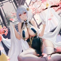 Rule 34 | 1girl, absurdres, architecture, azur lane, bare shoulders, between breasts, braid, breasts, cherry blossoms, cleavage, commentary, covered navel, crop top, crop top overhang, crown braid, dress, dutch angle, east asian architecture, fine fabric emphasis, flower, garter straps, gloves, golden rose, grey hair, hair flower, hair ornament, half gloves, halter dress, halterneck, highres, indoors, kiek qaq, large breasts, looking at viewer, manjuu (azur lane), official alternate costume, parted lips, pelvic curtain, red eyes, short hair, sirius (azur lane), sirius (azure horizons) (azur lane), sitting, sleeveless, sleeveless dress, solo, thighhighs, thighs, white gloves, white thighhighs, yokozuwari