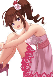 Rule 34 | 1girl, :d, ahoge, armpits, bare shoulders, breasts, brown hair, dot nose, dress, earrings, eyelashes, flower, hair flower, hair ornament, high heels, highres, iceman550787, idolmaster, idolmaster million live!, idolmaster million live! theater days, jewelry, large breasts, leaning forward, looking at viewer, looking to the side, necklace, official alternate costume, open mouth, pink dress, pink footwear, purple eyes, side ponytail, sidelocks, simple background, sitting, smile, solo, white background, yokoyama nao