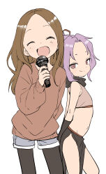 Rule 34 | 2girls, :d, ^ ^, absurdres, bare shoulders, black pantyhose, blue shorts, brown hair, brown shirt, closed eyes, closed mouth, commentary request, creator connection, crossover, denim, denim shorts, facing viewer, female focus, forehead, highres, holding, holding microphone, karakai jouzu no takagi-san, kunoichi tsubaki no mune no uchi, pantyhose under shorts, long hair, long sleeves, looking at viewer, looking to the side, microphone, multiple girls, navel, open mouth, pantyhose, parted bangs, ponytail, puffy long sleeves, puffy sleeves, purple hair, ringed eyes, sazanka (kunoichi tsubaki no mune no uchi), shirt, short shorts, shorts, simple background, smile, standing, takagi-san, white background, yamamoto souichirou