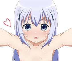 Rule 34 | 1girl, absurdres, arms up, blue eyes, blue hair, blush, breasts, collarbone, gochuumon wa usagi desu ka?, hair ornament, heart, highres, kafuu chino, long hair, looking at viewer, nude, open mouth, out-of-frame censoring, poa mellhen, simple background, small breasts, solo, standing, sweat, upper body, white background, x hair ornament