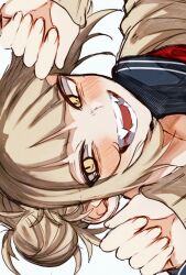 1girl bags_under_eyes blonde_hair blue_sailor_collar blunt_bangs blush boku_no_hero_academia cardigan commentary_request fangs hair_bun highres looking_at_viewer messy_hair mofubii narrowed_eyes neckerchief open_mouth red_neckerchief sailor_collar sideways slit_pupils smile solo toga_himiko yellow_cardigan yellow_eyes