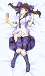 Rule 34 | 1girl, black hair, blush, bow, bow panties, breasts, cellphone, checkered clothes, checkered skirt, clothes pull, dakimakura (medium), full body, hair bow, hat, highres, himekaidou hatate, isaki (gomi), looking at viewer, lying, necktie, on back, open clothes, open mouth, open skirt, panties, phone, pink panties, puffy short sleeves, puffy sleeves, purple eyes, recursion, revision, shirt, short sleeves, skirt, skirt pull, solo, tokin hat, touhou, twintails, underwear