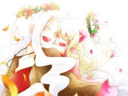 Rule 34 | 2girls, age difference, blush, dress, closed eyes, flower, hair flower, hair ornament, happy, head wreath, highres, hug, hug from behind, jewelry, kagerou project, key, kozakura marry, kozakura shion, long hair, mother and daughter, multiple girls, necklace, petals, smile, souzou forest (vocaloid), very long hair, vocaloid, wannyanpu, white hair