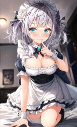 Rule 34 | 1girl, absurdres, apron, aqua eyes, black socks, blurry, blurry background, blush, breasts, character request, commentary request, copyright request, flower, gem, green gemstone, grey ribbon, hair flower, hair ornament, highres, indoors, large breasts, long hair, looking at viewer, maid apron, maid headdress, on one knee, original, rumiko (rmeco), socks, solo, thighhighs, white apron, white hair, white thighhighs