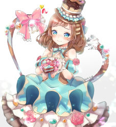 Rule 34 | 1girl, bare shoulders, blue eyes, bow, box, brown hair, cake, candy, chocolat (shironeko project), chocolate, chocolate heart, detached sleeves, dress, food, frilled dress, frills, gift, gift box, hat, heart, hilo (joy hero), layered dress, looking at viewer, pilokey, shironeko project, short hair, smile, solo, top hat, valentine