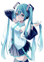 Rule 34 | 1girl, absurdres, aqua eyes, aqua hair, arm up, blue necktie, blue skirt, blue thighhighs, closed mouth, collared dress, commentary, cowboy shot, detached sleeves, dress, hair between eyes, hatsune miku, highres, lex suri12, long hair, looking at viewer, necktie, pleated skirt, simple background, skirt, sleeveless, sleeveless dress, solo, thighhighs, twintails, very long hair, vocaloid, white background, wide sleeves, zettai ryouiki