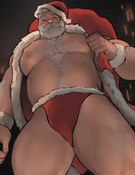 Rule 34 | 1boy, abs, bara, bare pectorals, beard, belly, body hair, bulge, chest hair, christmas, dopey (dopq), facial hair, fat, fat man, from below, fur-trimmed jacket, fur trim, gift bag, hairy, hat, highres, jacket, large pectorals, looking at viewer, male focus, merry christmas, muscular, muscular male, mustache, navel, navel hair, nipples, old, old man, open clothes, open jacket, original, pectorals, santa claus, santa costume, santa hat, short hair, solo, stomach, thick thighs, thighs, white hair