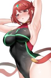 Rule 34 | 1girl, absurdres, armpits, arms up, black one-piece swimsuit, blush, breasts, chest jewel, competition swimsuit, covered navel, dutch angle, green one-piece swimsuit, highleg, highleg swimsuit, highres, large breasts, looking at viewer, multicolored clothes, multicolored swimsuit, one-piece swimsuit, open mouth, pipi20211026, pyra (pro swimmer) (xenoblade), pyra (xenoblade), red eyes, red hair, red one-piece swimsuit, short hair, solo, swept bangs, swimsuit, tiara, white background, xenoblade chronicles (series), xenoblade chronicles 2