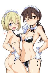 Rule 34 | 2girls, absurdres, areola slip, ass, bikini, blonde hair, blue eyes, blush, breasts, brown eyes, brown hair, buta-don, cleavage, closed mouth, erica hartmann, gertrud barkhorn, gloves, heart, highres, huge ass, large breasts, long hair, looking at viewer, maid, maid bikini, maid headdress, medium breasts, multiple girls, navel, one eye closed, short hair, side-tie bikini bottom, simple background, smile, strike witches, swimsuit, unconventional maid, white background, white gloves, wink, world witches series