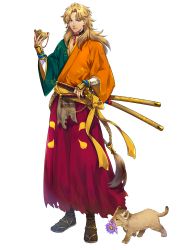 Rule 34 | 1boy, absurdres, artist request, blonde hair, blue eyes, check commentary, commentary request, flower, highres, holding, holding mask, japanese clothes, jewelry, lion, lion cub, long hair, male focus, mask, necklace, personification, samurai, scabbard, sheath, sheathed, sword, tagme, torn clothes, transparent background, weapon, world flags