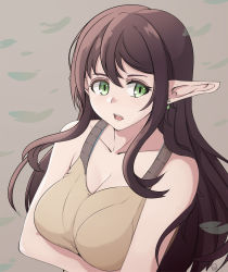 Rule 34 | 1girl, arm under breasts, bare shoulders, bralines, breasts, cleavage, collarbone, elf, folait, freckles, looking to the side, mole, mole under mouth, original, pointy ears, teeth, upper teeth only