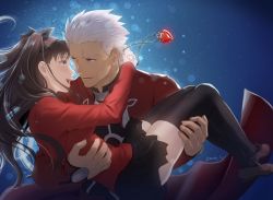 Rule 34 | 1boy, 1girl, :d, archer (fate), black bodysuit, black bow, black skirt, black thighhighs, blue background, blush, bodysuit, bow, brown footwear, brown hair, chain, eye contact, fate/stay night, fate (series), grey hair, hair bow, highres, holding, holding person, jacket, jewelry, long sleeves, looking at another, lower teeth only, mondi hl, necklace, open mouth, pleated skirt, red jacket, red shirt, shirt, short hair, skirt, smile, teeth, thighhighs, tohsaka rin, twitter username, upper teeth only, zettai ryouiki