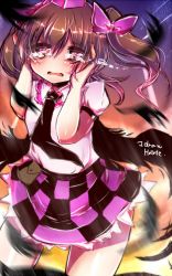 Rule 34 | 1girl, black feathers, black wings, blush, bow, brown hair, checkered clothes, checkered skirt, crying, crying with eyes open, feathered wings, feathers, hair bow, hands on own face, heart, heart-shaped pupils, himekaidou hatate, matasabuyarou, necktie, purple eyes, skirt, solo, sunset, symbol-shaped pupils, tears, touhou, twintails, wings