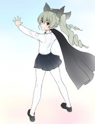 Rule 34 | 10s, 1girl, anchovy (girls und panzer), anzio school uniform, arms up, black cape, black footwear, black ribbon, black skirt, blue background, cape, closed mouth, commentary request, dress shirt, drill hair, from behind, full body, girls und panzer, gradient background, green hair, hair ribbon, loafers, long hair, long sleeves, looking at viewer, looking back, miniskirt, pantyhose, pleated skirt, red eyes, ribbon, school uniform, shirt, shoes, skirt, smile, solo, standing, twin drills, twintails, wata do chinkuru, white background, white pantyhose, white shirt, wind