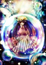 Rule 34 | 1girl, blunt bangs, blush, book, bow, bubble, crescent moon, female focus, full body, hair bow, hanada hyou, hat, long hair, moon, patchouli knowledge, purple hair, robe, sitting, solo, striped, touhou