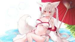 Rule 34 | 1girl, animal ears, bare shoulders, bikini, breasts, cleavage, collarbone, commentary request, commission, feet out of frame, fox ears, fox girl, fox tail, fukunoki tokuwa, grey hair, hair between eyes, highres, long hair, looking at viewer, medium breasts, navel, oil-paper umbrella, original, parted lips, red eyes, red umbrella, sidelocks, skeb commission, solo, swimsuit, tail, twintails, umbrella, very long hair, water, white background, white bikini