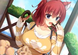 Rule 34 | 1girl, 8kumagawa (log), absurdres, ahoge, amairo islenauts, animal ears, balcony, blue eyes, blue sky, blush, breasts, chocolate, collarbone, crown print, doughnut, eating, eyelashes, fang, fingernails, food, hair between eyes, hands up, happy, heart, heart print, highres, holding, holding food, large breasts, looking at food, looking to the side, masaki gaillard, medium hair, on chair, open mouth, plant, potted plant, red hair, shirt, sitting, sky, sleeves past wrists, smile, solo, striped sleeves, suspenders, table, wolf ears, wolf girl, yellow shirt