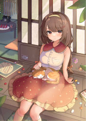 Rule 34 | 1girl, absurdres, amefukura art, animal, animal on lap, bare arms, bare shoulders, blush, bow, braid, breasts, brown bow, brown eyes, brown hair, brown hairband, brown socks, cat, closed mouth, collared shirt, commentary request, day, dress shirt, feet out of frame, food, frilled skirt, frills, fruit, hair bow, hairband, highres, kneehighs, long hair, looking at viewer, low twintails, medium breasts, on lap, original, outdoors, phone, plate, red skirt, shirt, skirt, sleeveless, sleeveless shirt, smile, socks, solo, table, twin braids, twintails, very long hair, watermelon, watermelon slice, white shirt