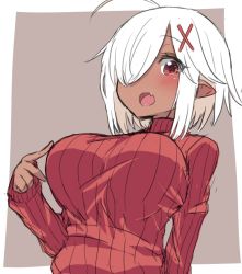 Rule 34 | 1girl, :o, ahoge, blush, breasts, dark-skinned female, dark skin, fang, hair ornament, hair over one eye, large breasts, long sleeves, looking at viewer, malice stella, multicolored background, open mouth, original, pointy ears, red eyes, red sweater, short hair, solo, sweater, turtleneck, turtleneck sweater, two-tone background, upper body, white hair, x hair ornament