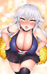 Rule 34 | 1girl, absurdres, ahoge, alternate costume, bare shoulders, black collar, black skirt, black thighhighs, blue sports bra, blush, breasts, cheerleader, cleavage, collar, confetti, covered erect nipples, fate/grand order, fate (series), highres, jeanne d&#039;arc alter (avenger) (fate), jeanne d&#039;arc alter (fate), katsura harufumi, large breasts, leaning forward, long hair, looking at viewer, miniskirt, nose blush, open mouth, pom pom (cheerleading), skirt, solo, sports bra, standing, sweat, thighhighs, very long hair, white hair