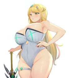 Rule 34 | 1girl, :o, areola slip, armpits, blonde hair, breasts, cleavage, competition swimsuit, cowboy shot, curvy, earrings, from below, hand on own hip, holding, holding weapon, huge breasts, jewelry, long hair, looking at viewer, looking down, mythra (radiant beach) (xenoblade), mythra (xenoblade), nayutayutautau, one-piece swimsuit, sideboob, simple background, solo, standing, swept bangs, swimsuit, sword, thigh strap, thighs, tiara, weapon, white background, white one-piece swimsuit, xenoblade chronicles (series), xenoblade chronicles 2, yellow eyes