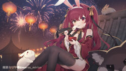 Rule 34 | 1girl, aerial fireworks, animal, animal ear fluff, animal ears, black thighhighs, blush, bowl, chinese new year, chopsticks, commentary request, copyright request, detached sleeves, dog, dress, eating, fake animal ears, fireworks, food, frilled sleeves, frills, hair between eyes, hair intakes, hairband, heterochromia, holding, holding bowl, holding chopsticks, lantern, long hair, long sleeves, mochi, nail polish, night, night sky, nyasunyadoora, on roof, rabbit, rabbit ears, red dress, red eyes, red hair, red nails, red sleeves, rooftop, sky, solo, thighhighs, twitter username, two side up, very long hair, virtual youtuber, white hairband, wide sleeves, yellow eyes