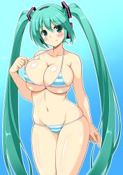 Rule 34 | 1girl, adapted costume, alternate breast size, aqua eyes, aqua hair, arm behind back, bikini, blue background, blue bikini, blue eyes, blue hair, blush, body blush, breasts, bursting breasts, cleavage, clenched hand, closed mouth, collarbone, colorized, cowboy shot, facing viewer, gradient background, groin, hair between eyes, hair ornament, happy, hatsune miku, head tilt, headphones, hip focus, hormone koijirou, large breasts, legs together, light smile, long hair, looking at viewer, matching hair/eyes, micro bikini, navel, outline, pulled by self, sideboob, skindentation, smile, solo, standing, straight hair, strap gap, strap pull, string bikini, striped bikini, striped clothes, swimsuit, thighs, twintails, tzoli, underboob, very long hair, vocaloid, white bikini