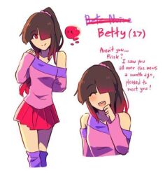 Rule 34 | akumu (glitchtale), bad tag, bete noire, brown hair, clothes, dialogues, glitchtale, long hair, pink eyes, pink hair, pink shirt, ponytail, purple shirt, purple socks, red skirt, shirt, skirt, smile, socks, bad tag, white background