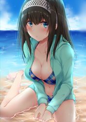 Rule 34 | 1girl, barefoot, bikini, black hair, blue eyes, blue sky, blush, breasts, checkered bikini, checkered clothes, cleavage, cloud, cloudy sky, commentary, day, drawstring, green shirt, hairband, highres, hood, hood down, hoodie, idolmaster, idolmaster cinderella girls, kyuunosuke (lactis09), light frown, looking at viewer, medium breasts, navel, no pants, ocean, open clothes, open shirt, outdoors, parted lips, sagisawa fumika, shirt, sitting, sky, solo, sparkle, swimsuit, wariza, wet, white hairband