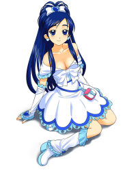Rule 34 | 00s, 1girl, a1 (initial-g), blue eyes, blue hair, boots, breasts, cleavage, cure white, earrings, elbow gloves, eyelashes, full body, futari wa precure, gloves, half updo, highres, jewelry, knee boots, large breasts, long hair, magical girl, matching hair/eyes, precure, simple background, smile, solo, strap slip, white background, white footwear, yukishiro honoka