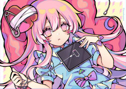 Rule 34 | 1girl, :d, @ @, artist name, bandages, blue shirt, blush, bow, charger, charging device, commentary request, hata no kokoro, heart, heart-shaped pillow, ipad, kyouda suzuka, lightning bolt symbol, long hair, lying, mask, mask on head, on back, on pillow, open mouth, pillow, pink bow, pink eyes, pink hair, pink nails, puffy short sleeves, puffy sleeves, safety pin, shirt, short sleeves, smile, solo, tablet pc, touhou, twitter username