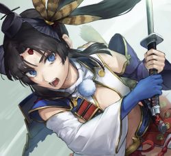 Rule 34 | 1girl, armor, asymmetrical sleeves, black hair, blue eyes, breast curtains, breasts, detached sleeves, fate/grand order, fate (series), feather hair ornament, feathers, hair bun, hair ornament, hat, japanese armor, katana, kouzuki kei, long hair, looking at viewer, medium breasts, mismatched sleeves, open mouth, parted bangs, side bun, side ponytail, sidelocks, single hair bun, single side bun, solo, sword, ushiwakamaru (fate), very long hair, weapon, wide sleeves